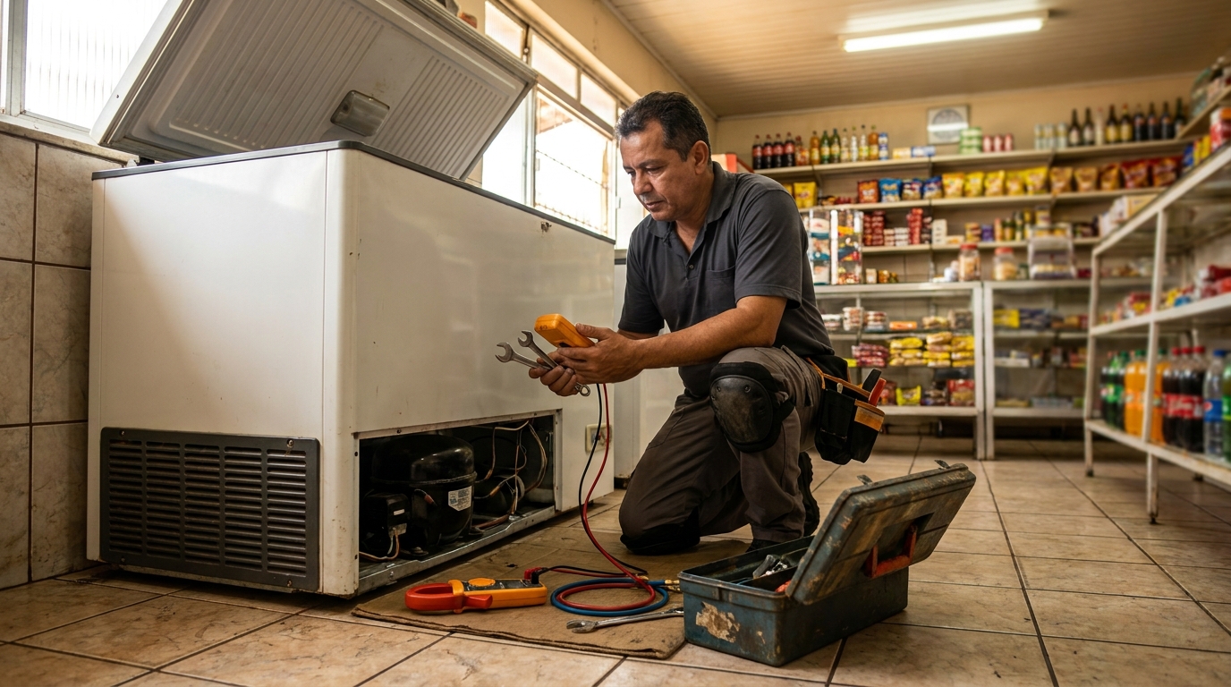 Profissional executando manutenção no motor de freezer na Una, Guarapari‑ES