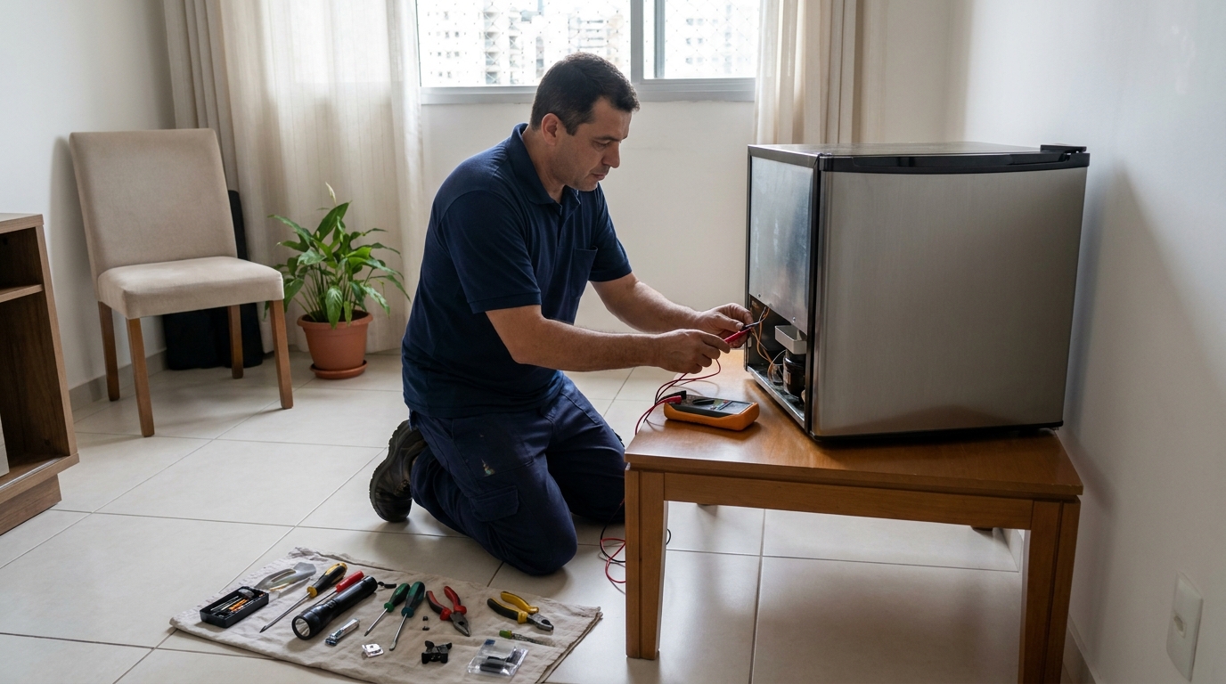 Técnico fazendo manutenção do motor de frigobar na Baia Nova, Guarapari‑ES