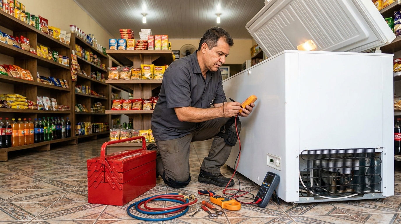 Recarga de gás refrigerante no freezer durante atendimento na Una, Guarapari‑ES