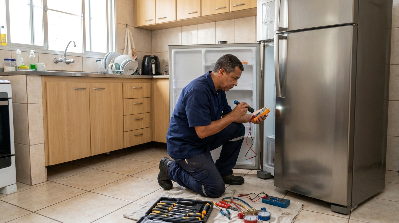 Técnico aplicando recarga de gás refrigerante em geladeira no Itapebuzinho, Guarapari‑ES