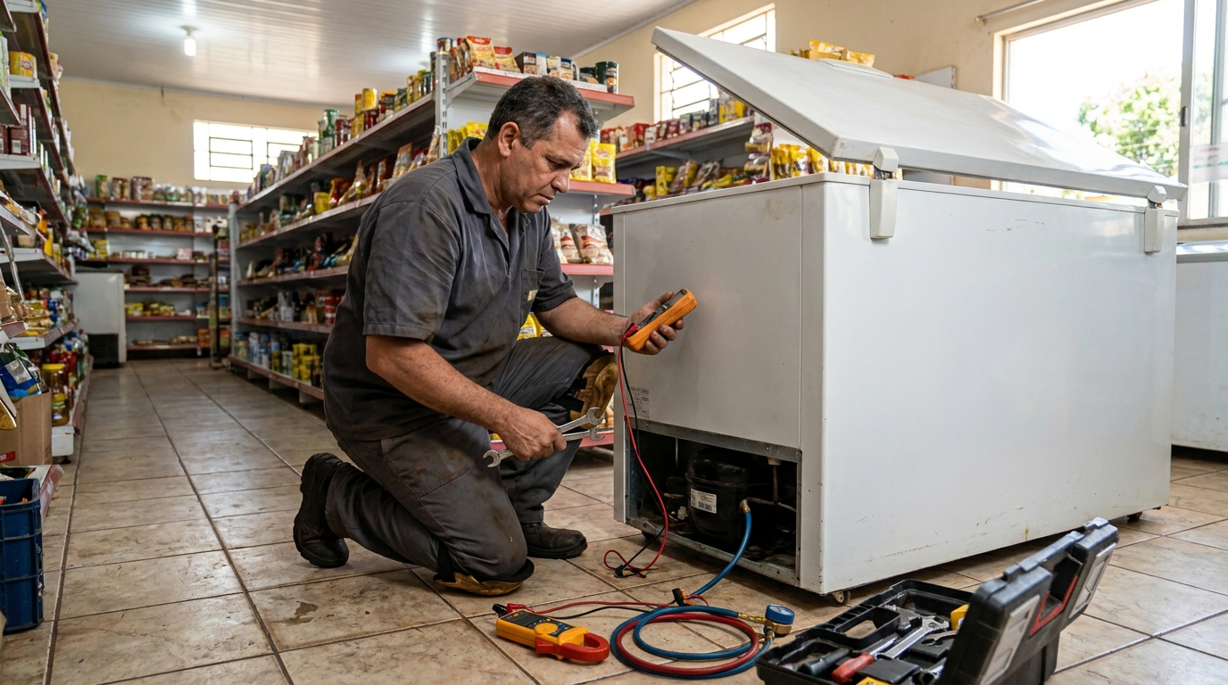 Substituição de termostato de freezer em visita técnica na Una, Guarapari‑ES